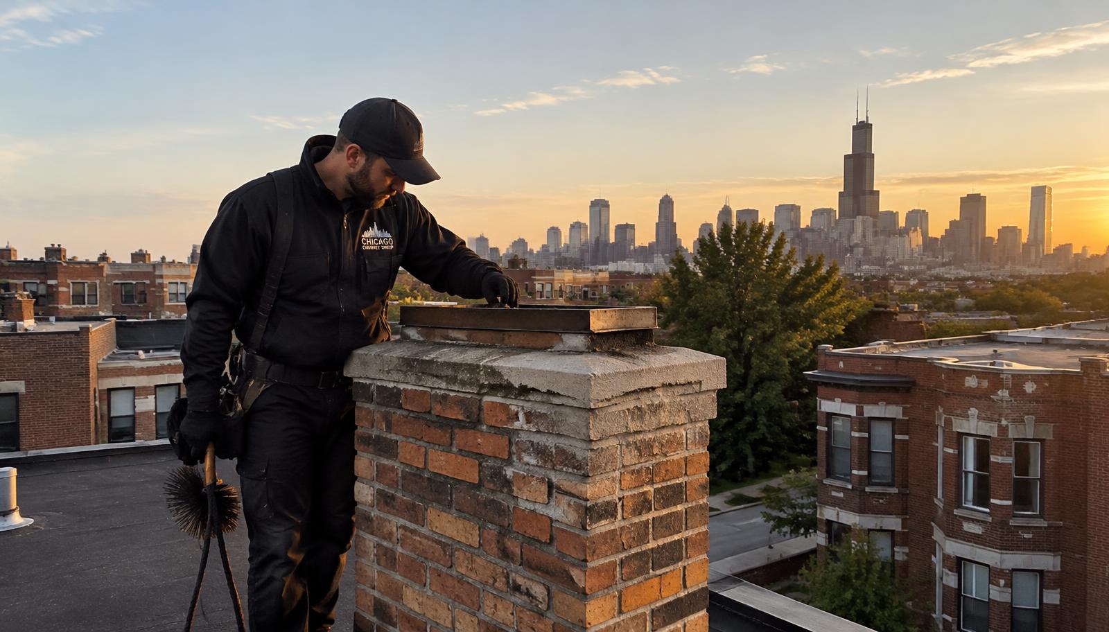 Chimney sweep inspecting a brick chimney on a Chicago rooftop